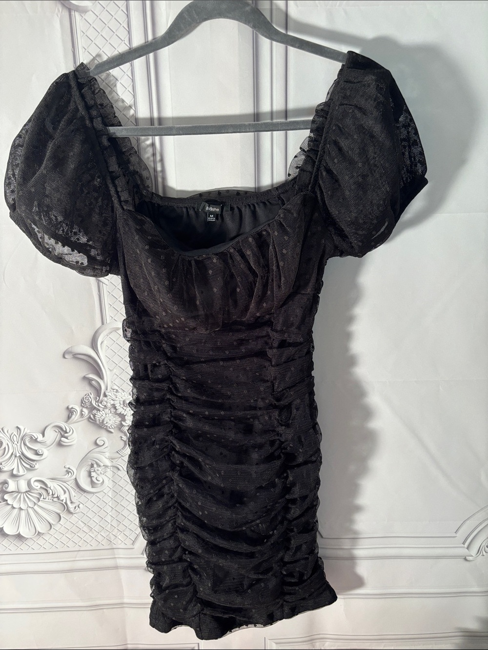 Blashe Black Polka Dot Ruched Puff-Sleeve Mini Dress -Size Medium